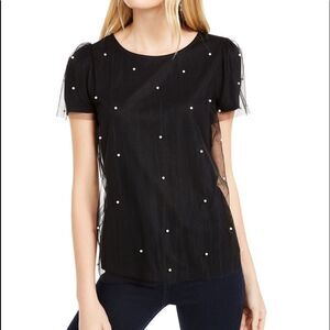 INC IMITATION-PEARL & TULLE TOP